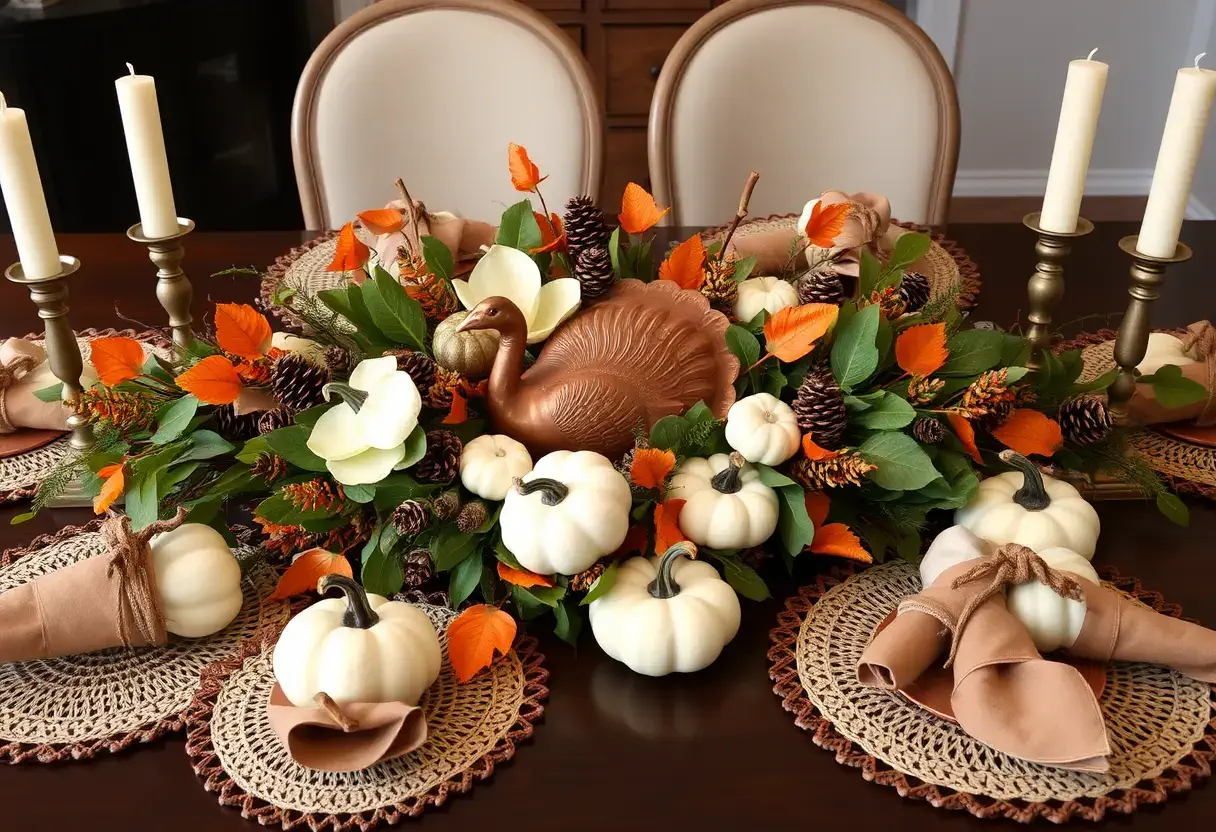 Thanksgiving Tablescape Idea Fall Centerpiece with Magnolia, Pinecones, and Burnt Orange Pops