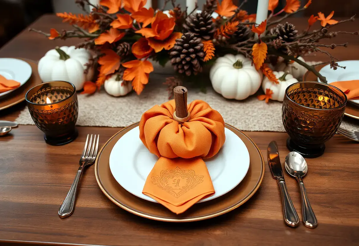 Thanksgiving Tablescape Idea Unique Napkin Folding with a Pumpkin Shape