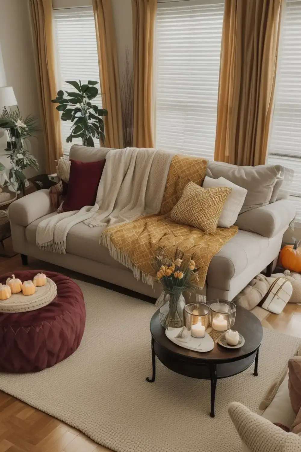 Thanksgiving home decor ideas Cozy Living Room with Throw Blankets